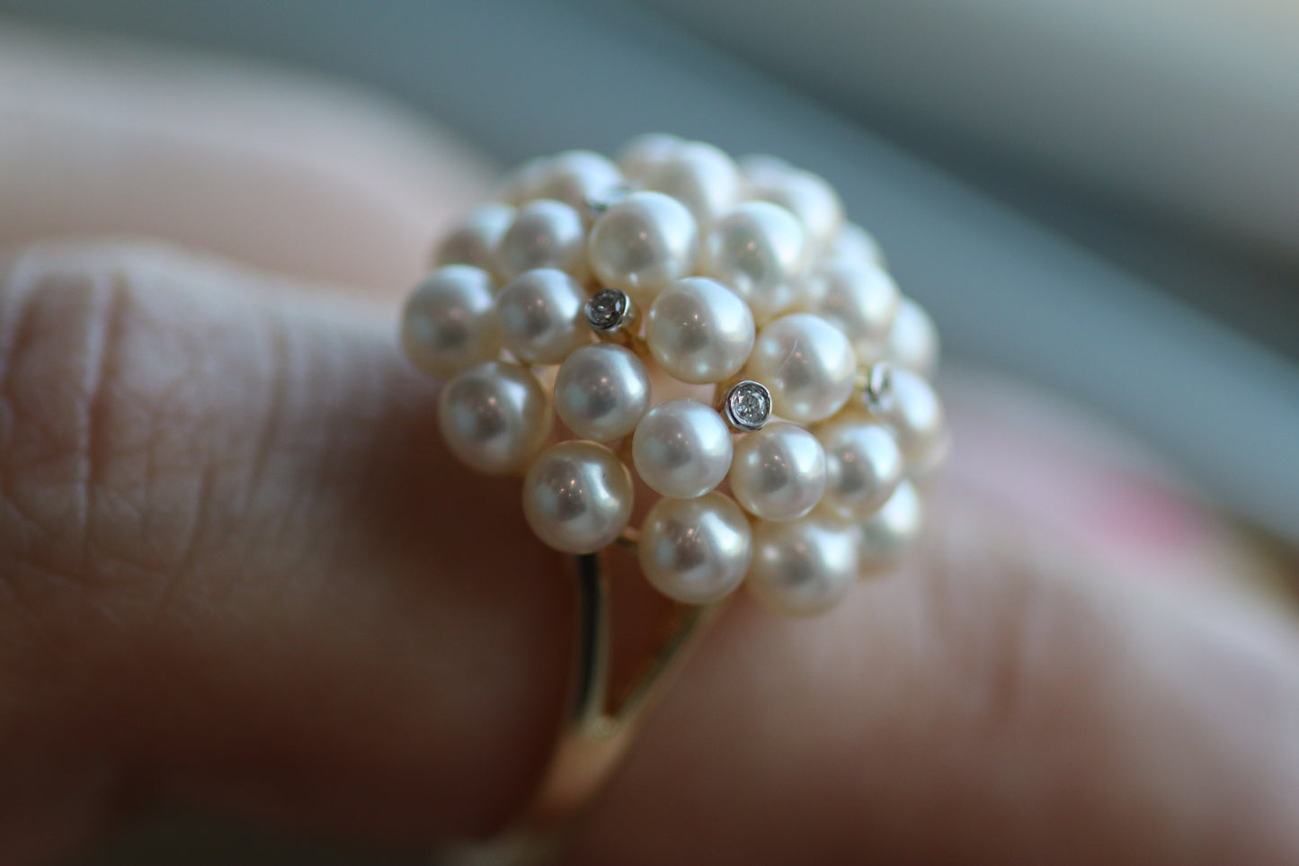 Pearl and Diamond Cluster Ring - 14K Yellow Gold