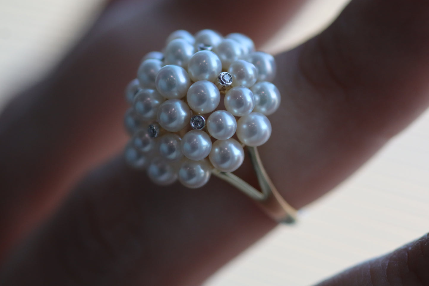 Pearl and Diamond Cluster Ring - 14K Yellow Gold