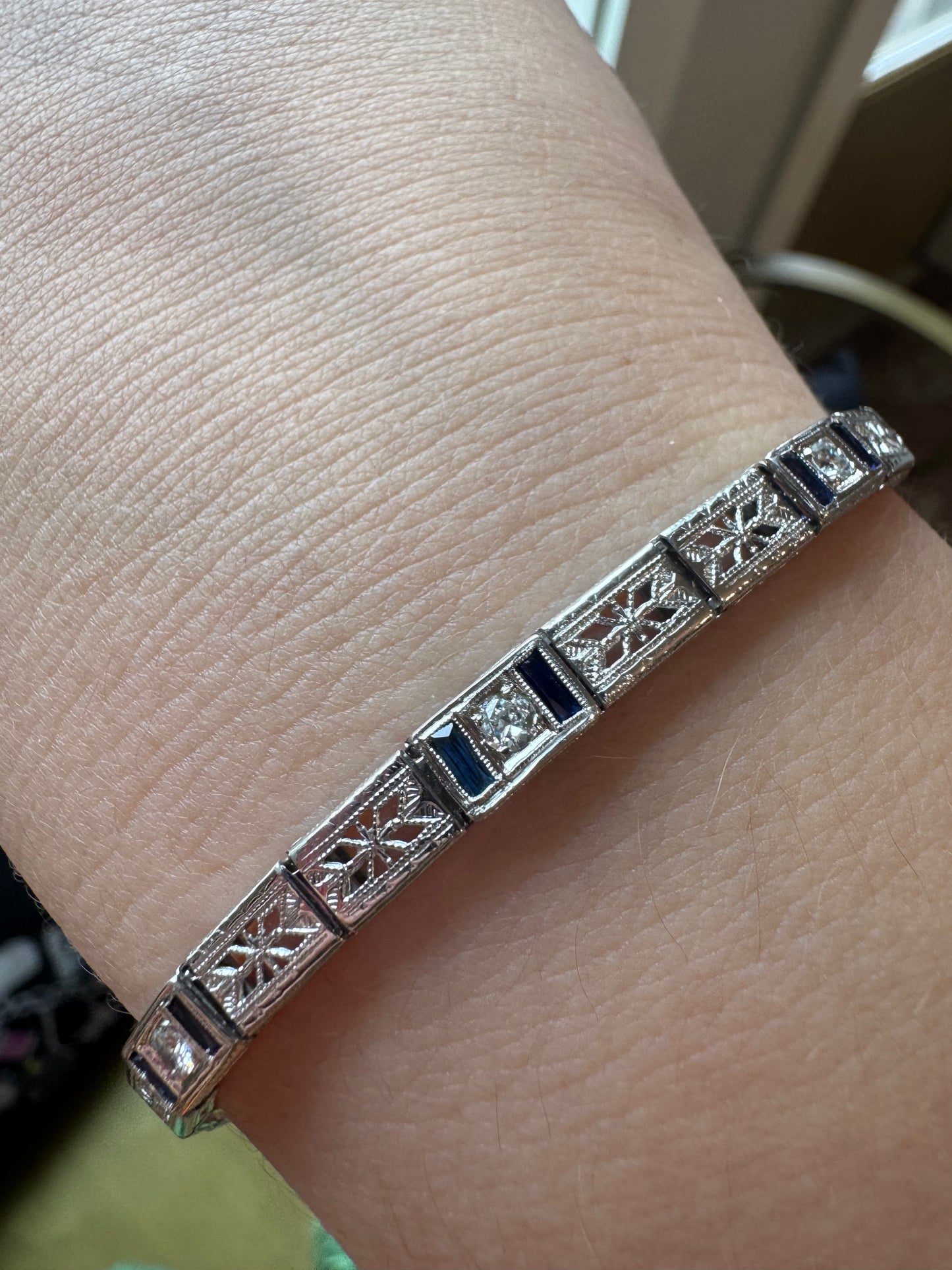 14K White Gold Sapphire and Diamond Filigree Bracelet - Art Deco