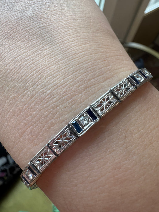 14K White Gold Sapphire and Diamond Filigree Bracelet - Art Deco