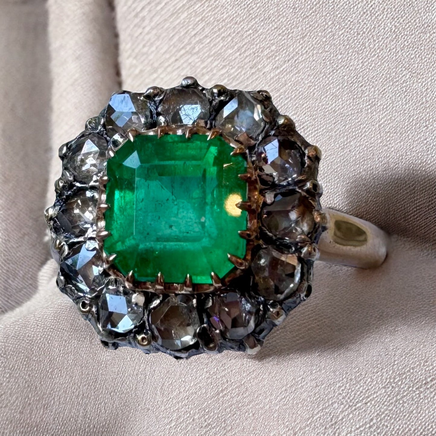 Emerald Ring with Rose Cut Diamond Halo - Victorian Era