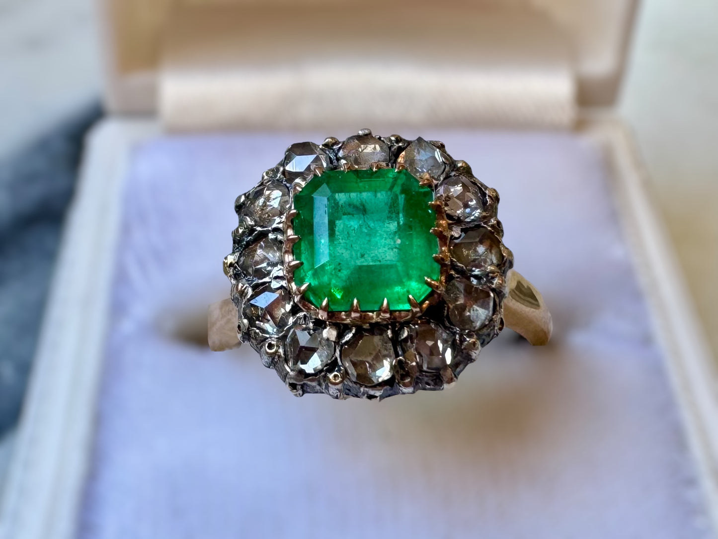 Emerald Ring with Rose Cut Diamond Halo - Victorian Era