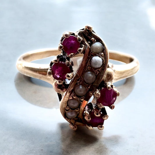 Ruby and Seed Pearl Ring - 10K Yellow Gold