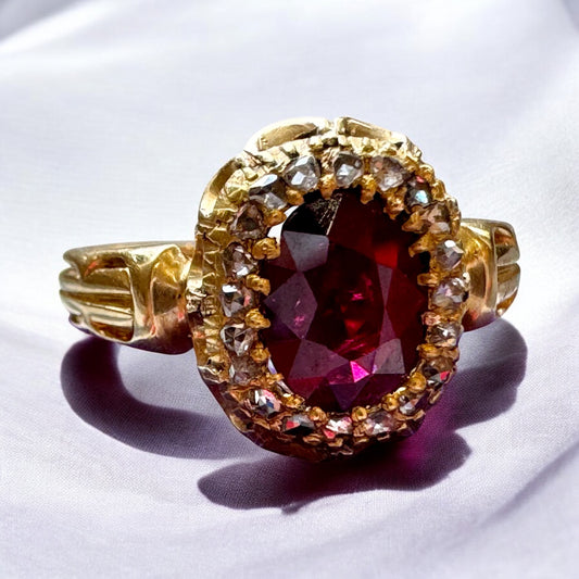 Burmese Ruby Ring with Diamond Halo - Victorian Era (France)
