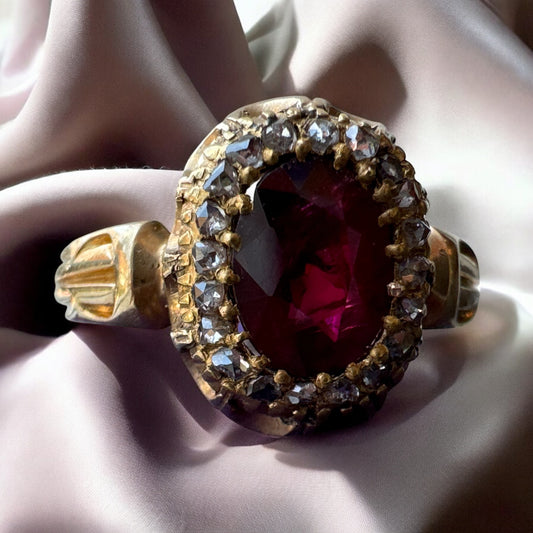 Burmese Ruby Ring with Diamond Halo - Victorian Era (France)