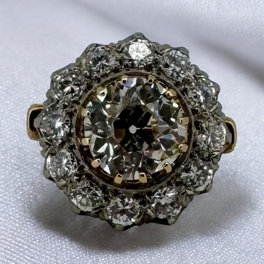 3.04ct Mine Cut Diamond Ring - 14K Yellow and White Gold
