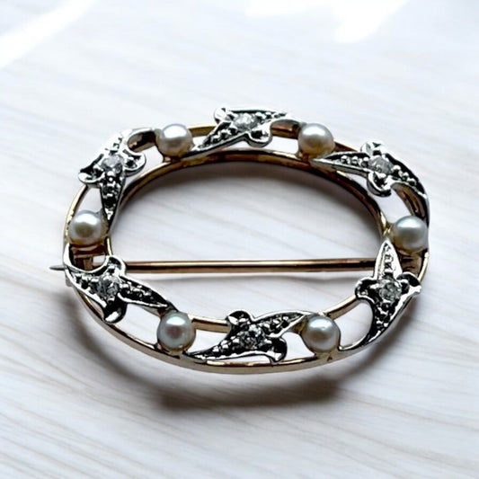 14K/Platinum Pearl and Diamond Brooch - Victorian Era