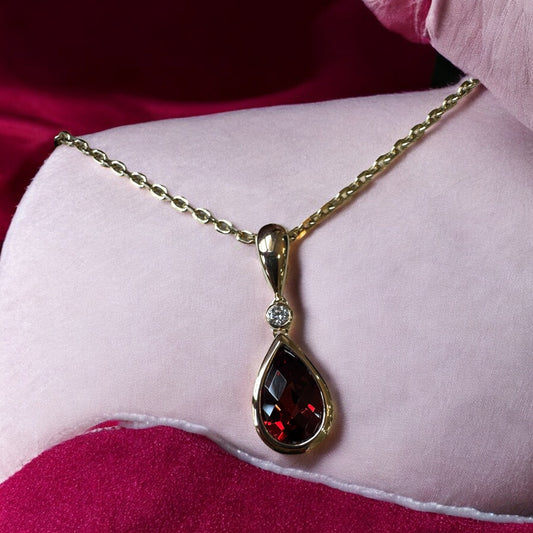 Garnet Drop Pendant with Diamond Accent - 14K Yellow Gold