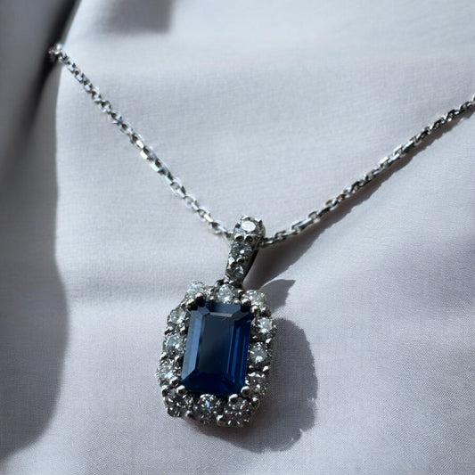 Sapphire Pendant with Diamond Halo - 14K White Gold