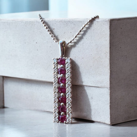 Ruby and Diamond Bar Drop Pendant - Platinum