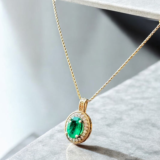 Oval Emerald with Diamond Halo Necklace - 14K Yellow Gold