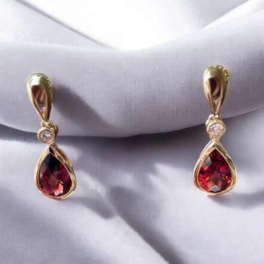 Pear Shape Garnet Earrings with Diamond Accents - 14K Yellow Gold