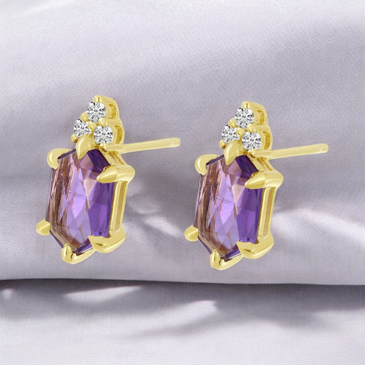 Hexagon Amethyst Earrings with Diamond Accents - 14K Yellow Gold