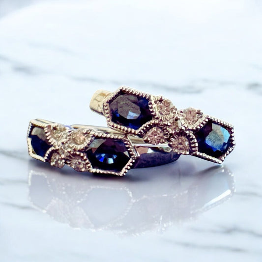 Sapphire and Diamond Huggie Hoop Earrings - 14K White Gold