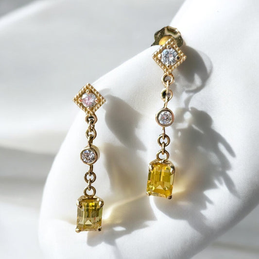Yellow Sapphire and Diamond Dangle Earrings - TJ Designer