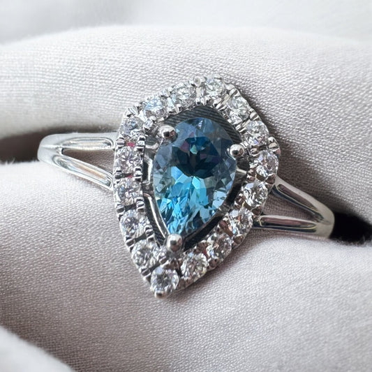 Aquamarine Ring with Diamond Halo - 18K White Gold