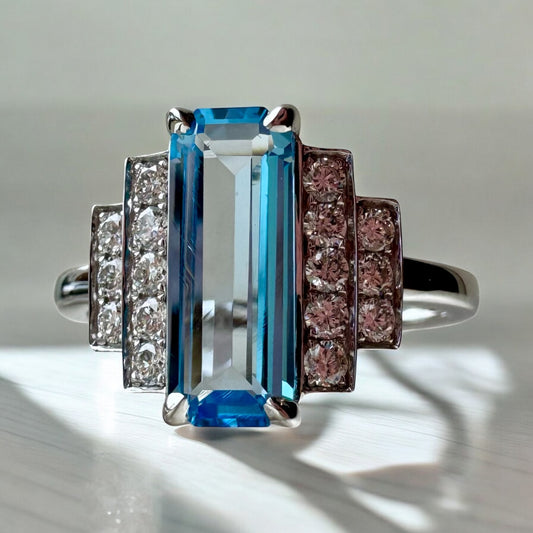 Geometric Blue Topaz and Diamond Ring - 14K White Gold