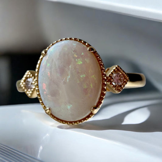 Oval Opal Ring with Diamond Accents - 14K Yellow Gold