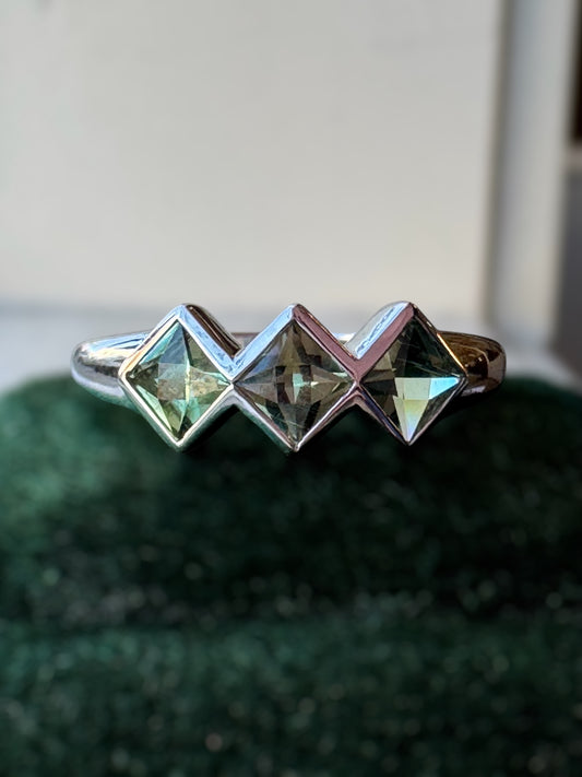 Three Stone French Cut Green Sapphire Ring - TJ Designer