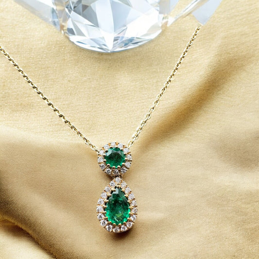 Pear-Shape Emerald with Diamon Halo Necklace - 14K Yellow Gold