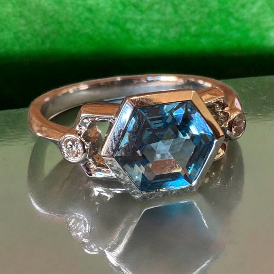 Hexagon Blue Topaz Ring - 14K White Gold