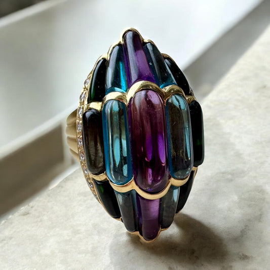 Cabochon Amethyst, Aquamarine, and Tourmaline Ring - 18K Yellow Gold Retro
