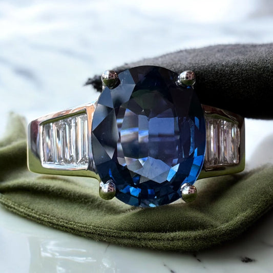 Oval Sapphire Ring with Baguette Diamond Accents - 18K White Gold