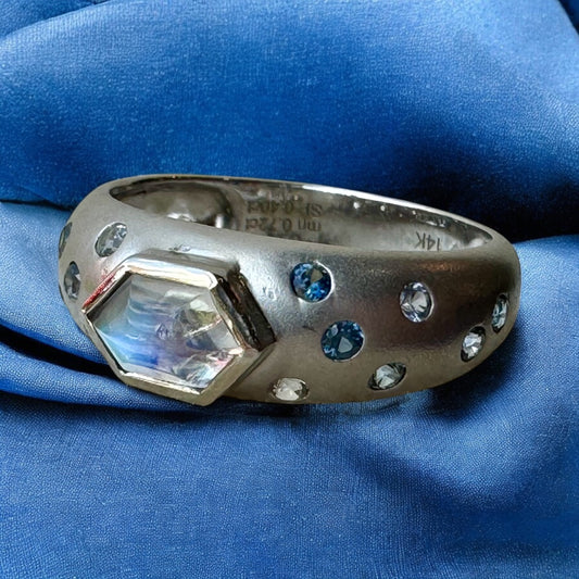 Moonstone and Sapphire Ring - 14K White Gold