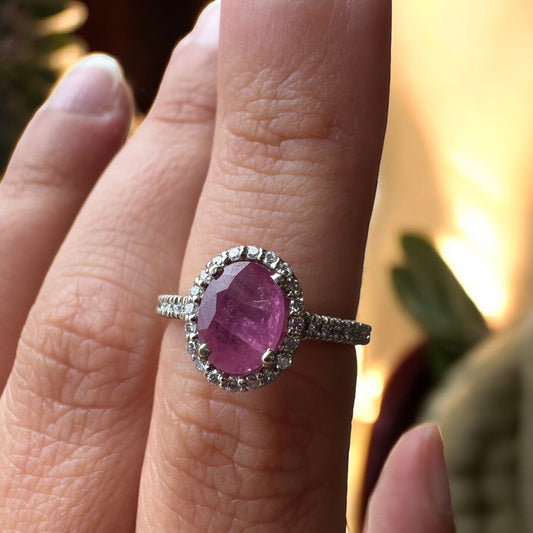 Oval Ruby Halo Ring - 14K White Gold