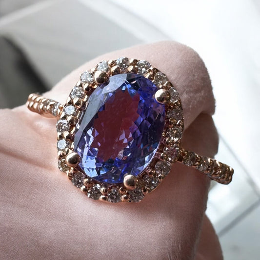 Oval Tanzanite Halo Ring - 14K Rose Gold