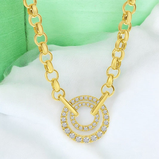 Double Circle Necklace on Rolo Chain - 14K Yellow Gold