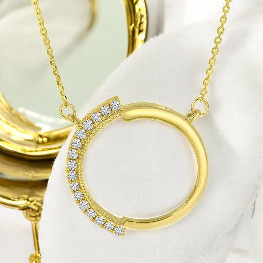 Half-Diamond Open Circle Necklace - 14K Yellow Gold
