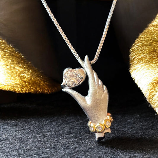 Diamond Hand Pendant Necklace - 18K Yellow Gold and Platinum