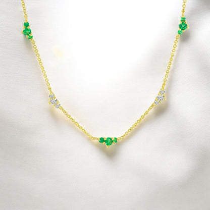 Diamond and Emerald Station Necklace - 14K Yellow Gold