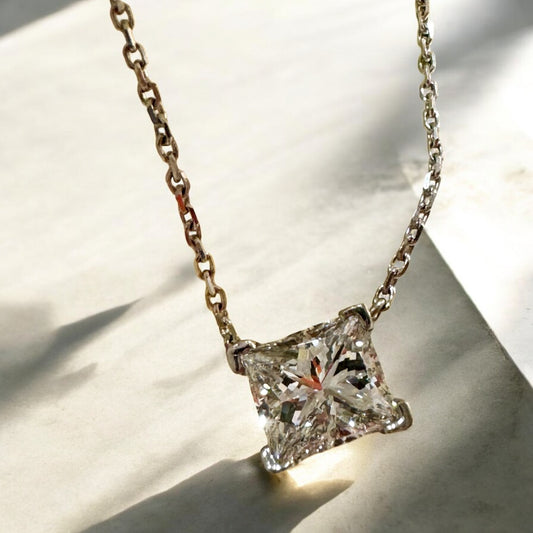 Princess-Cut Diamond Station Necklace - 14K White Gold