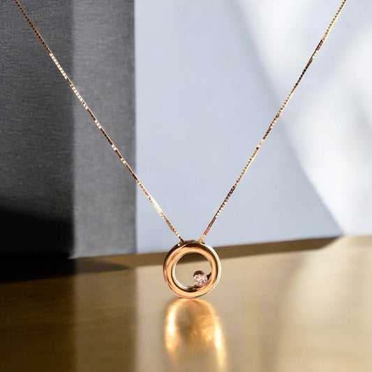 Circle Necklace with One Diamond - 14K Yellow Gold