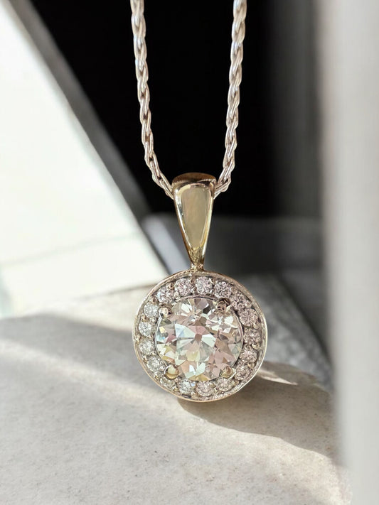 European Cut Diamond Halo Necklace - 14K White Gold