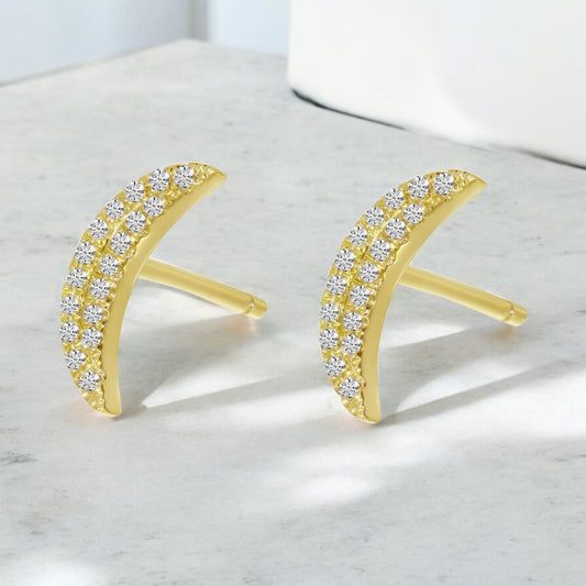 Diamond Crescent Moon Stud Earrings - 14K Yellow Gold