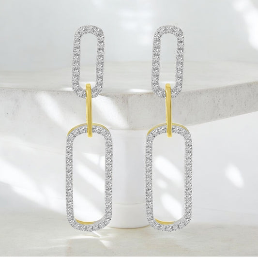Paperclip Link Diamond Drop Earrings - 14K Yellow and White Gold