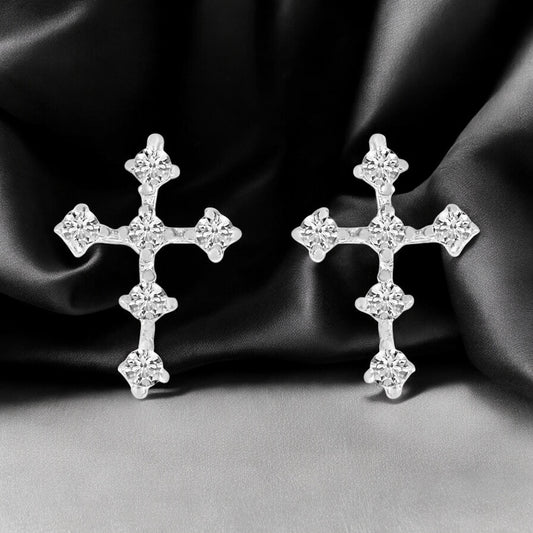 Mini Diamond Cross Stud Earrings - 14K White Gold