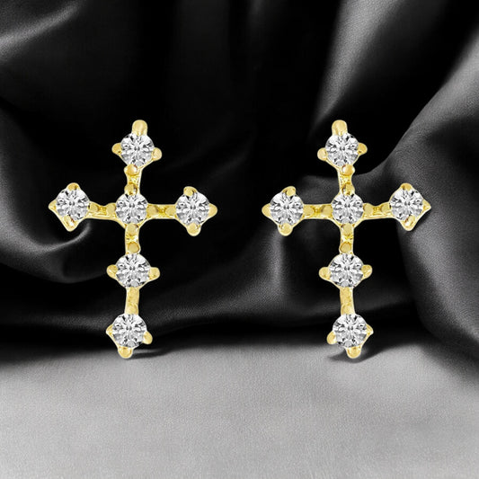 Mini Diamond Cross Stud Earrings - 14K Yellow Gold