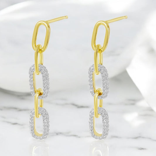 Paperclip Link Diamond Drop Earrings - 14K Yellow Gold