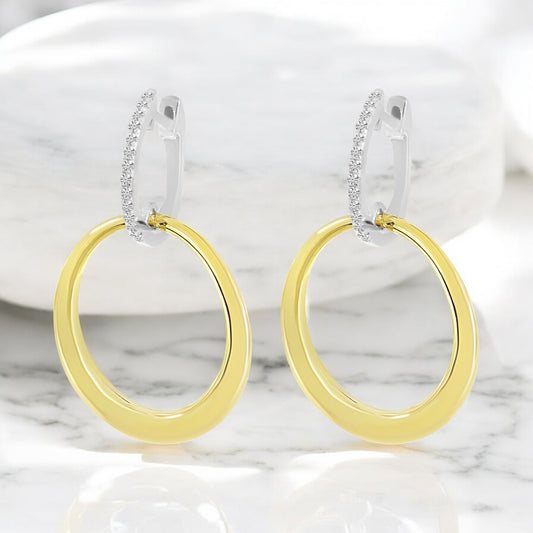 Diamond Huggie with Gold Drop Earrings - 14K White and Yellow Gold
