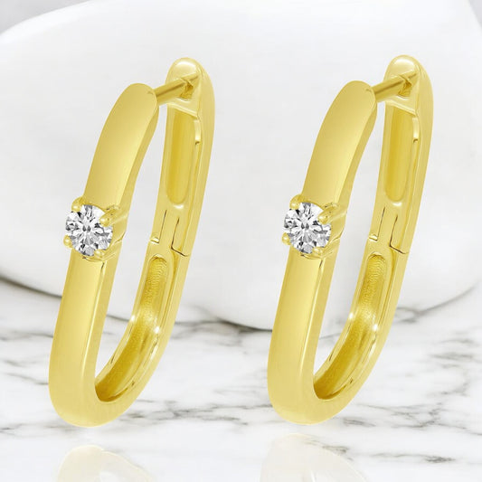 Funky Oval Hoops with Diamond Accent - 14K Yellow Gold