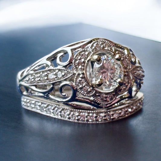 Vintage-Inspired Diamond Wedding Set - 14K White Gold