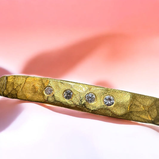 Solid Hammered Bangle Bracelet with Diamonds - 22K Yellow Gold