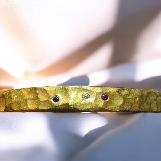 Solid Hammered Bangle Bracelet with Diamonds - 22K Yellow Gold