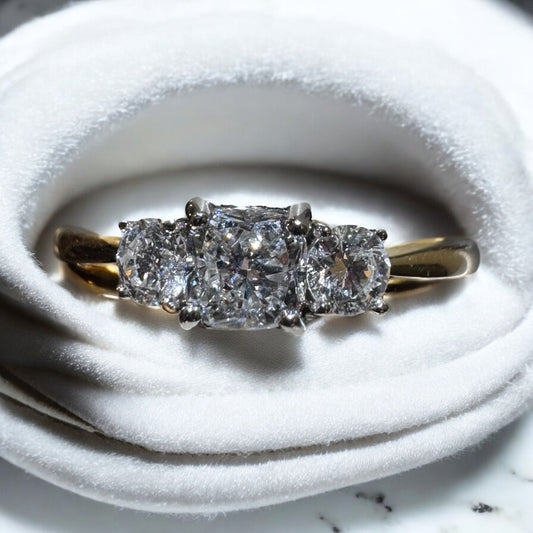 Cushion-Cut Diamond Ring with Round Side Stones - 14K Yellow Gold