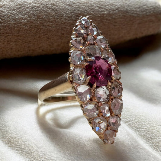 Ruby and Diamond Navette Ring - Victorian Era