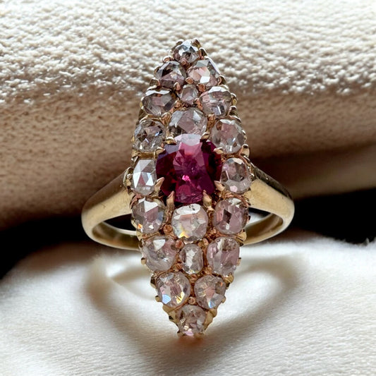 Ruby and Diamond Navette Ring - Victorian Era